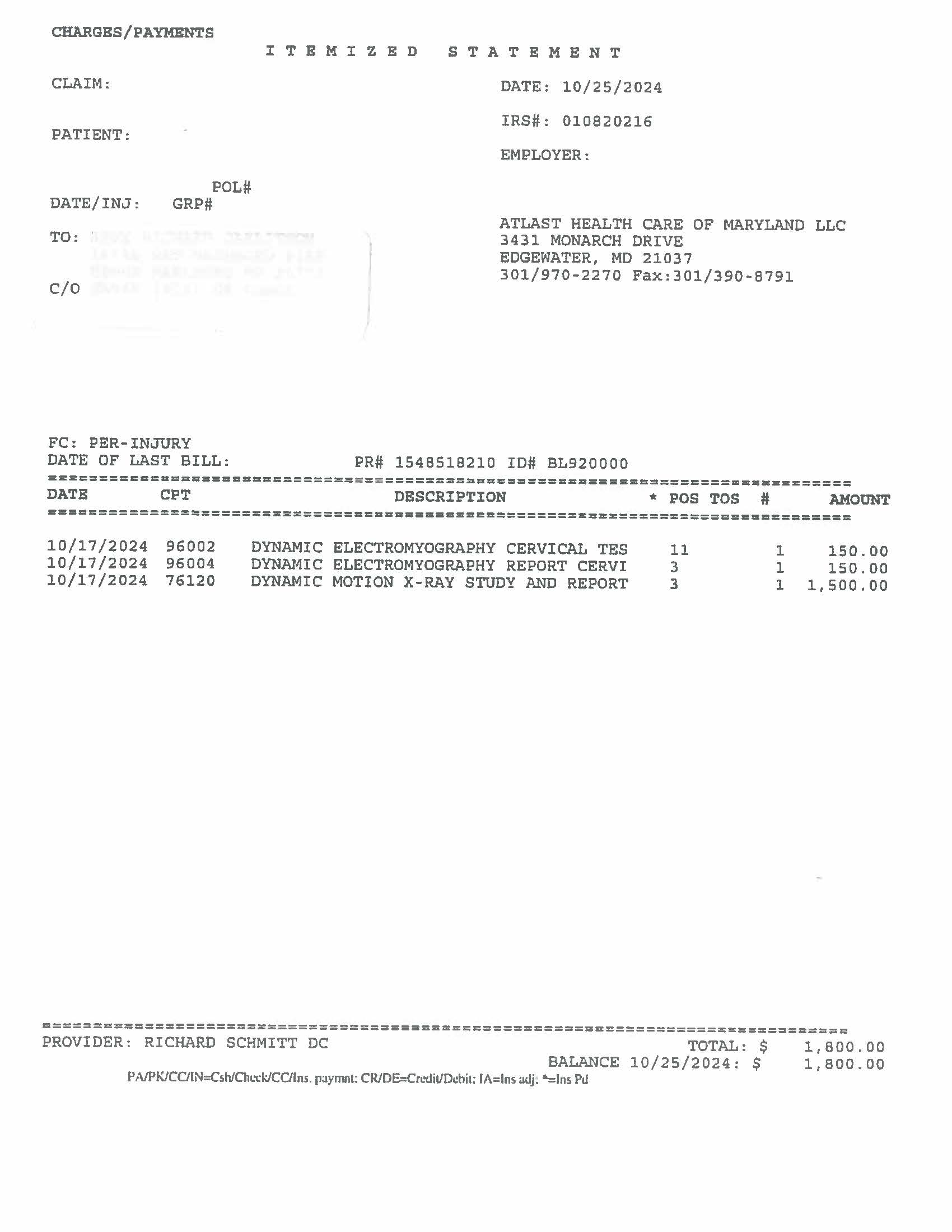 Itemized Statement for a DMX Dynarom Study and Dynarom Report